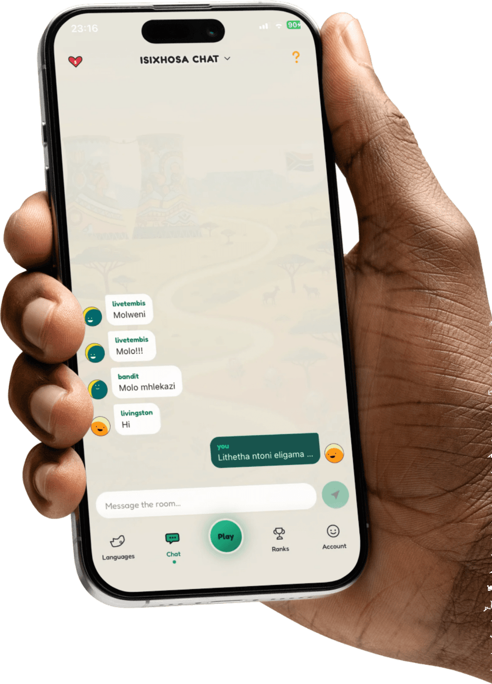 The isiXhosa chat room, with players greeting each other in isiXhosa