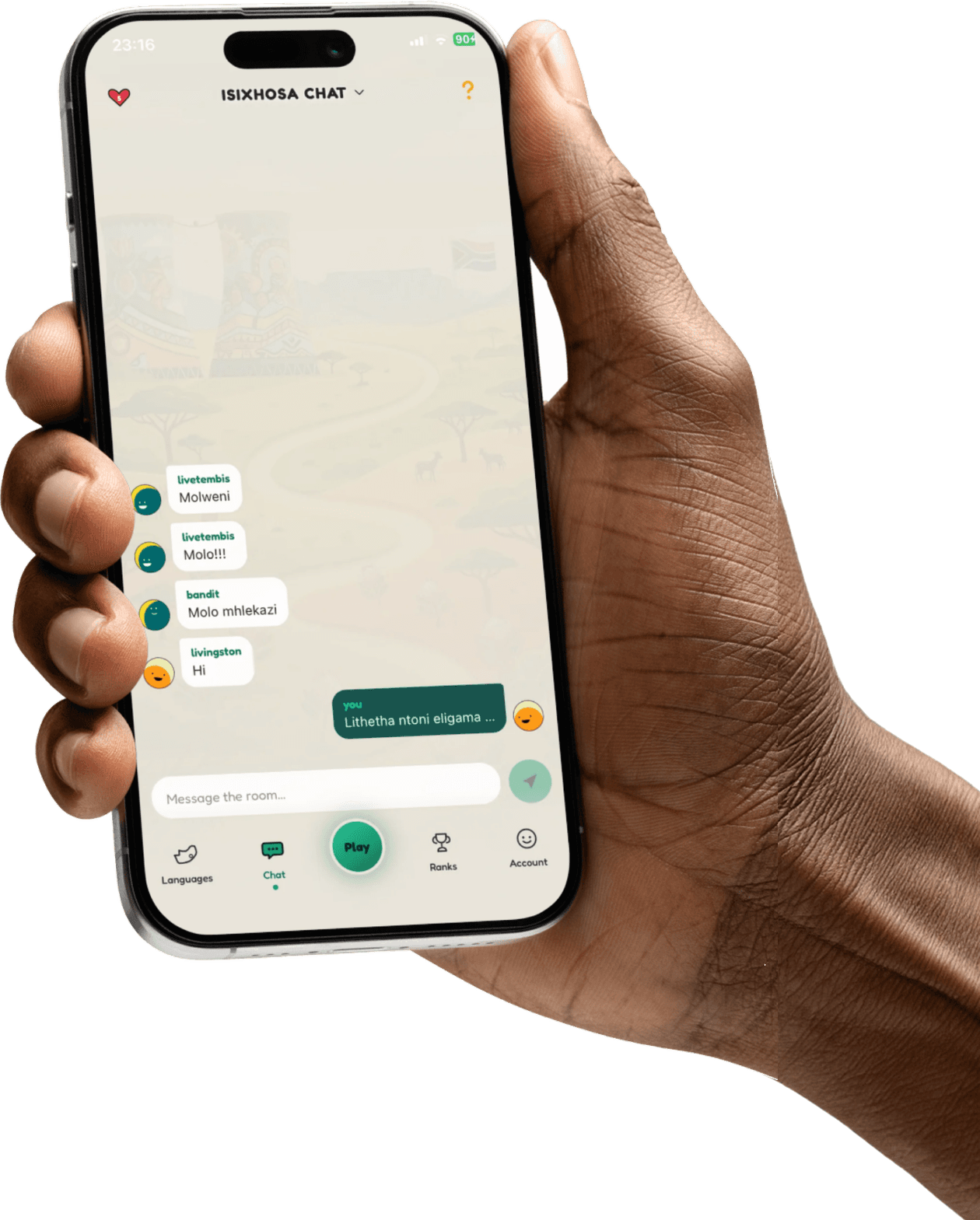 The isiXhosa chat room, with players greeting each other in isiXhosa