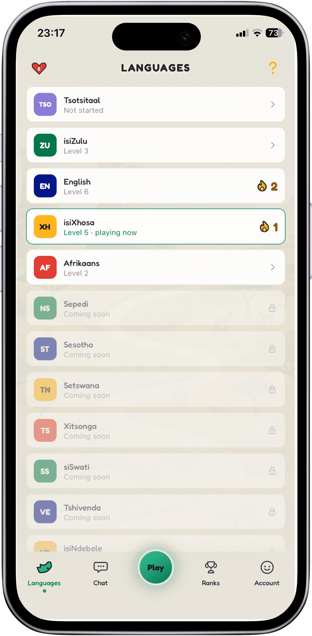 The Igama languages screen: Tsotsitaal not started, isiZulu on level 3, English on level 6, isiXhosa on level 5 and playing now, Afrikaans on level 2, and seven more coming soon